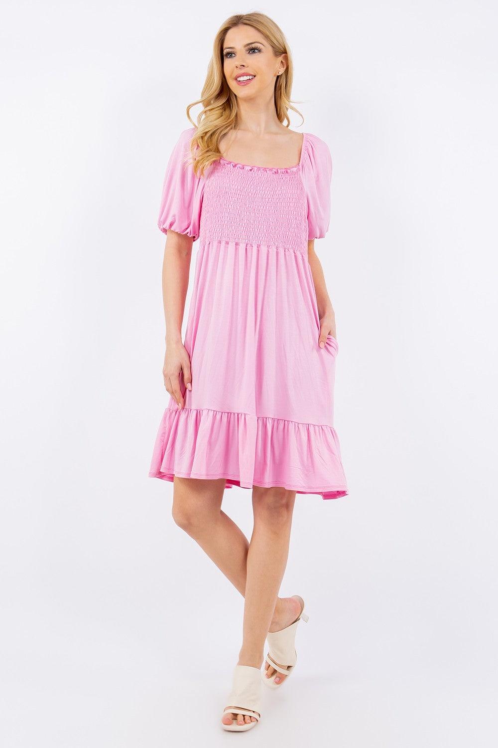 Celeste Full Size Ruffle Hem Short Sleeve Smocked Dress - AMIClubwear