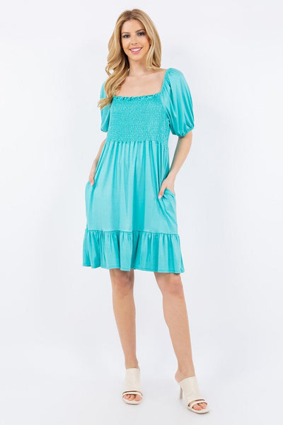 Celeste Full Size Ruffle Hem Short Sleeve Smocked Dress - AMIClubwear