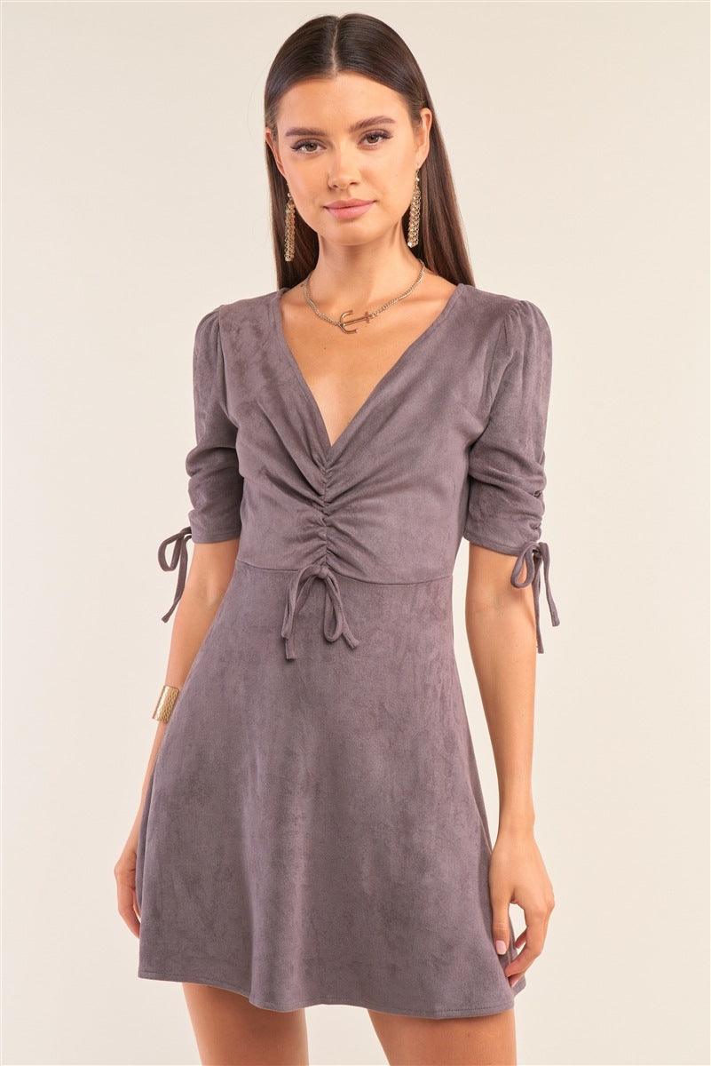 Charcoal Grey Suede Deep Plunge V-neck Gathered Detail Tight Fit Mini AMIClubwear Charcoal Grey Suede Deep Plunge V-neck Gathered Detail Tight Fit Mini AMIClubwear