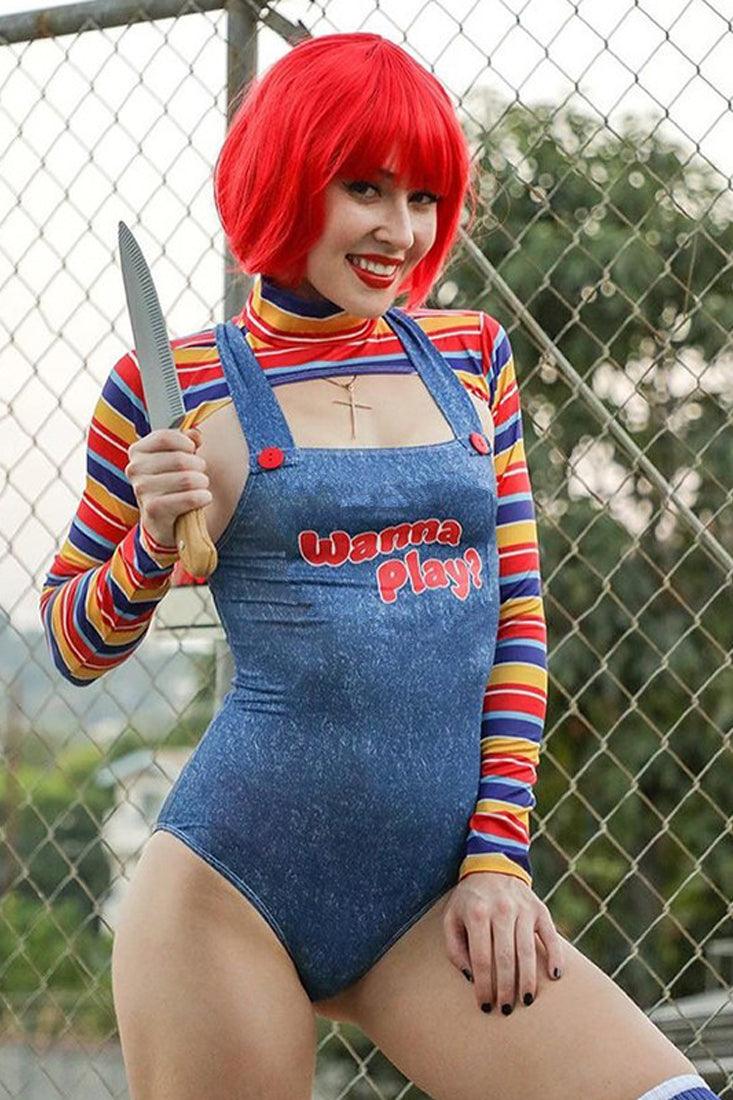 Multi Stripe Blue Overall Bodysuit 2 Pc Scary Doll Sexy Costume