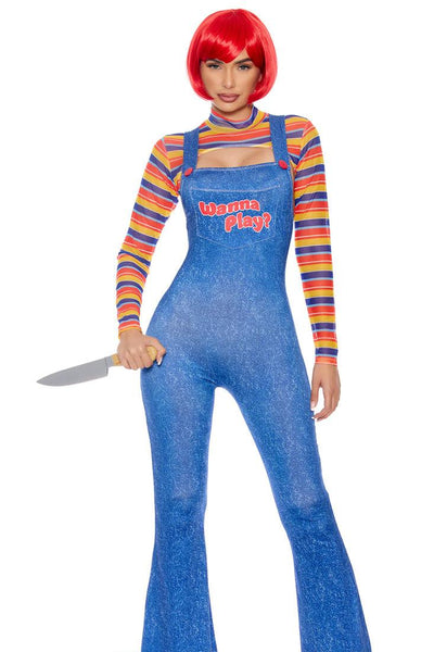 Wanna Play Multi Stripe Full Length Overall Scary Doll Costume