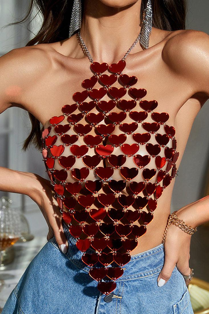 Red Heart Shape Coin Chain Halter Sexy Party Top