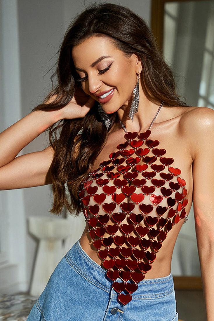 Red Heart Shape Coin Chain Halter Sexy Party Top - AMIClubwear