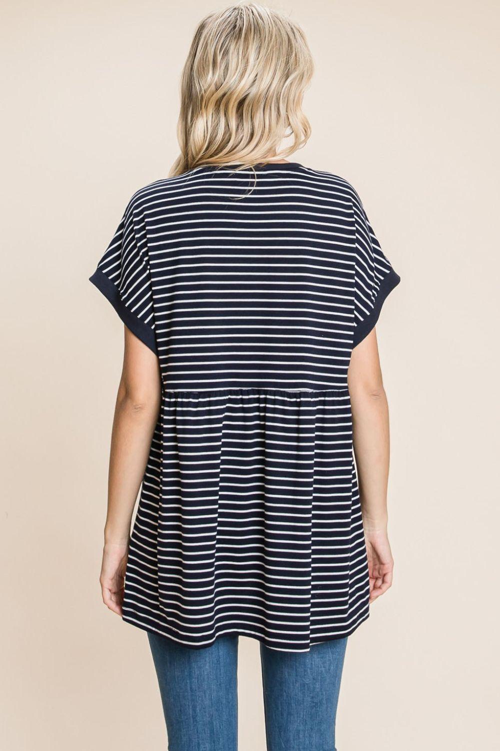 Cotton Bleu by Nu Label Striped Button Front Baby Doll Top - AMIClubwear