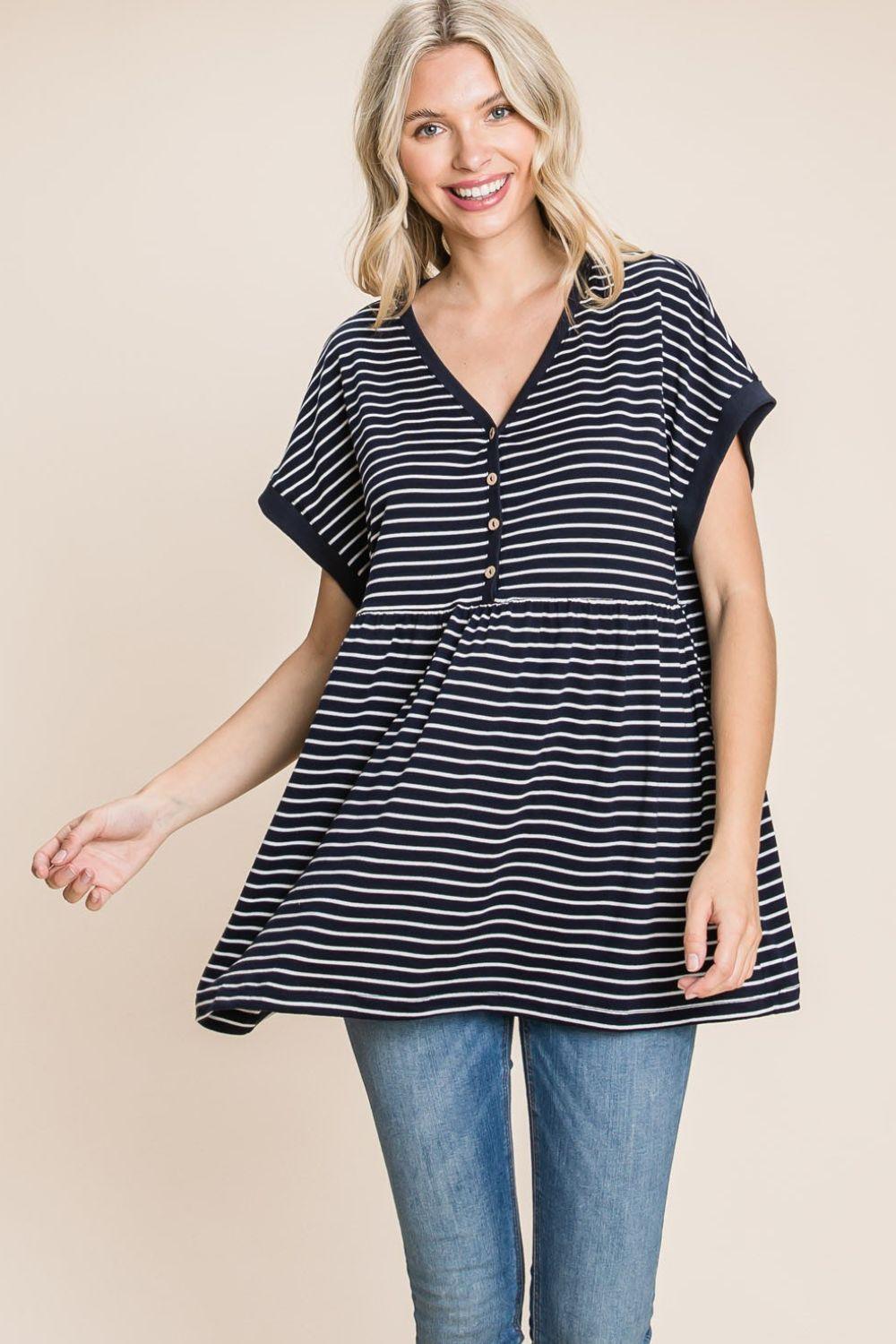 Cotton Bleu by Nu Label Striped Button Front Baby Doll Top - AMIClubwear