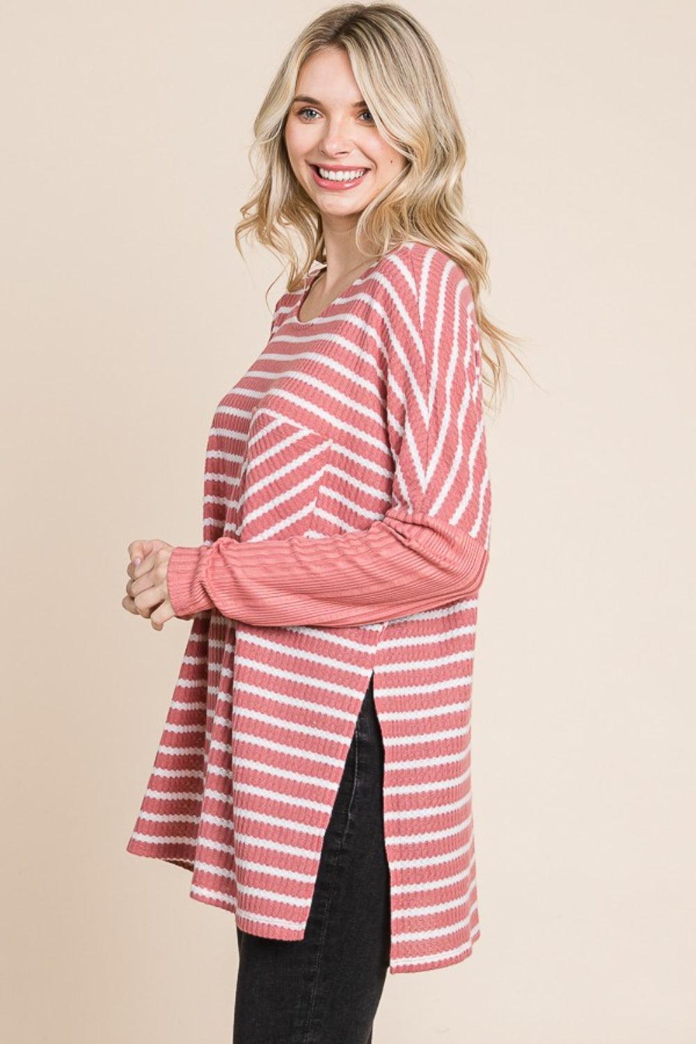 Culture Code Oversize Striped Round Neck Long Sleeve Slit T-Shirt - AMIClubwear