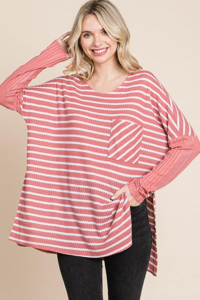 Culture Code Oversize Striped Round Neck Long Sleeve Slit T-Shirt - AMIClubwear