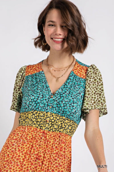 Ditsy floral color block v-neck split button up maxi dress - AMIClubwear