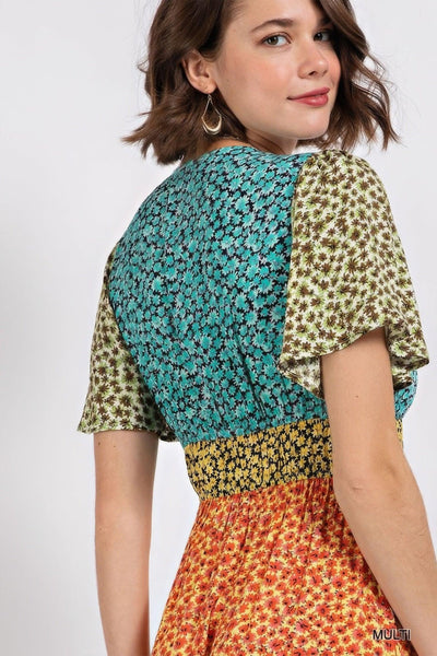 Ditsy floral color block v-neck split button up maxi dress - AMIClubwear