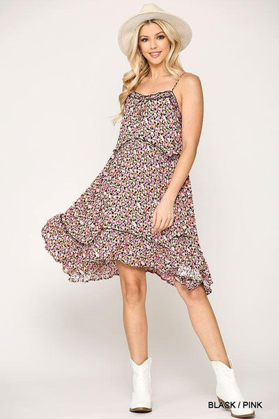 Ditsy Floral Print Sleeveless Dress With Lace Trim - AMIClubwear