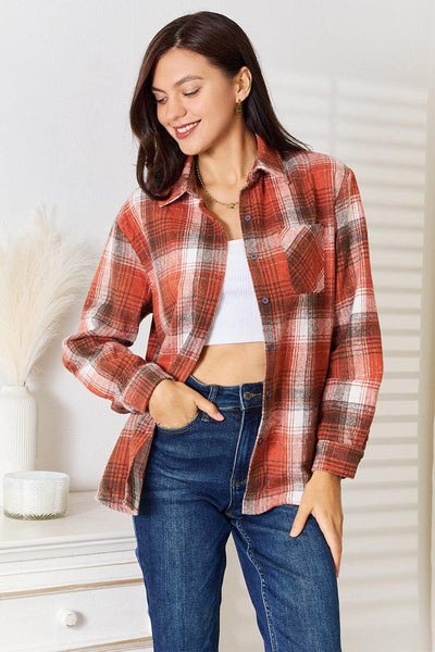 Double Take Plaid Collared Neck Long Sleeve Shirt - AMIClubwear