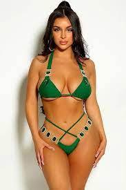 Green Halter Embellished Rhinestone Strappy Two Piece Swimsuit - AMIClubwear