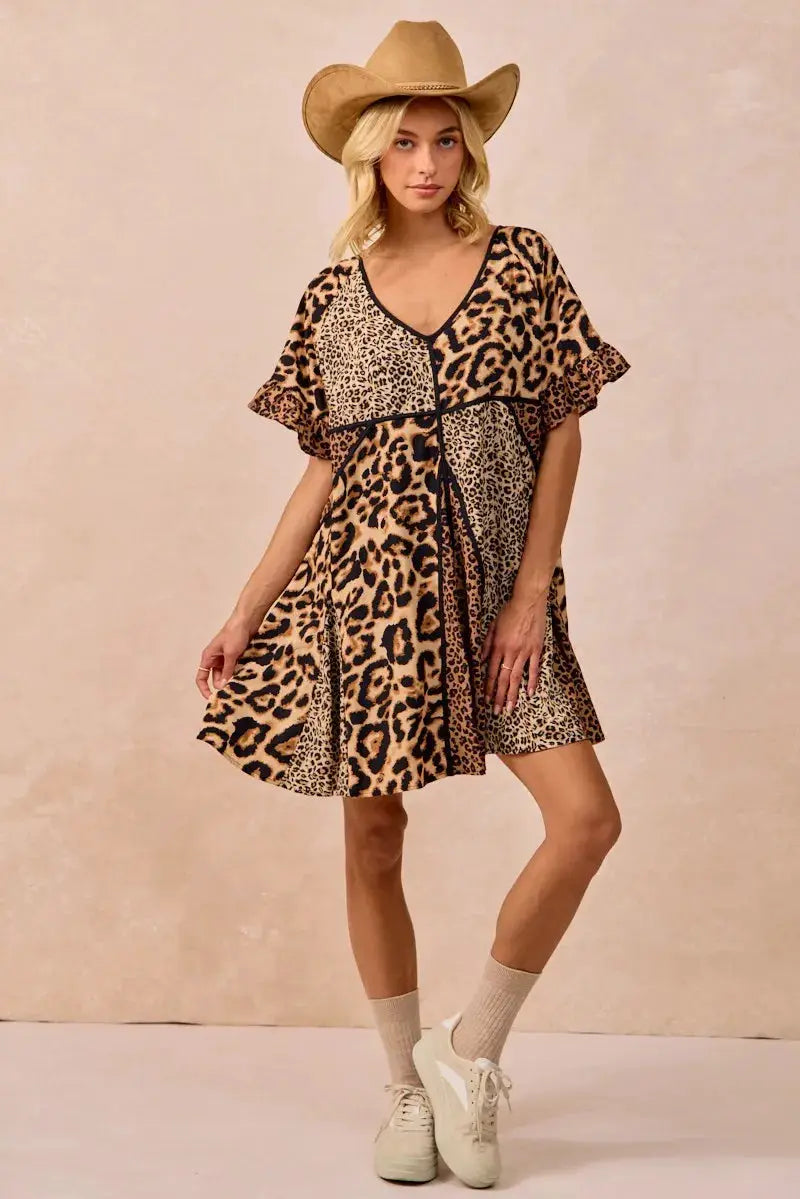 BiBi Leopard Short Sleeve Tiered Dress