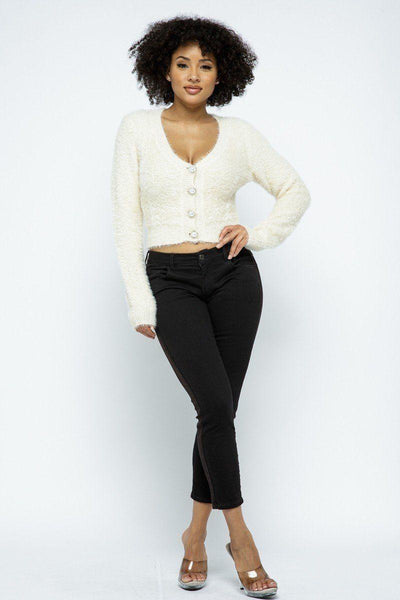 Eyelash Knit Cropped Cardigan With Pearl Button Details - AMIClubwear