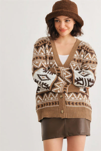 Fair Isle Knit Button-up Long Sleeve Cardigan Sweater - AMIClubwear