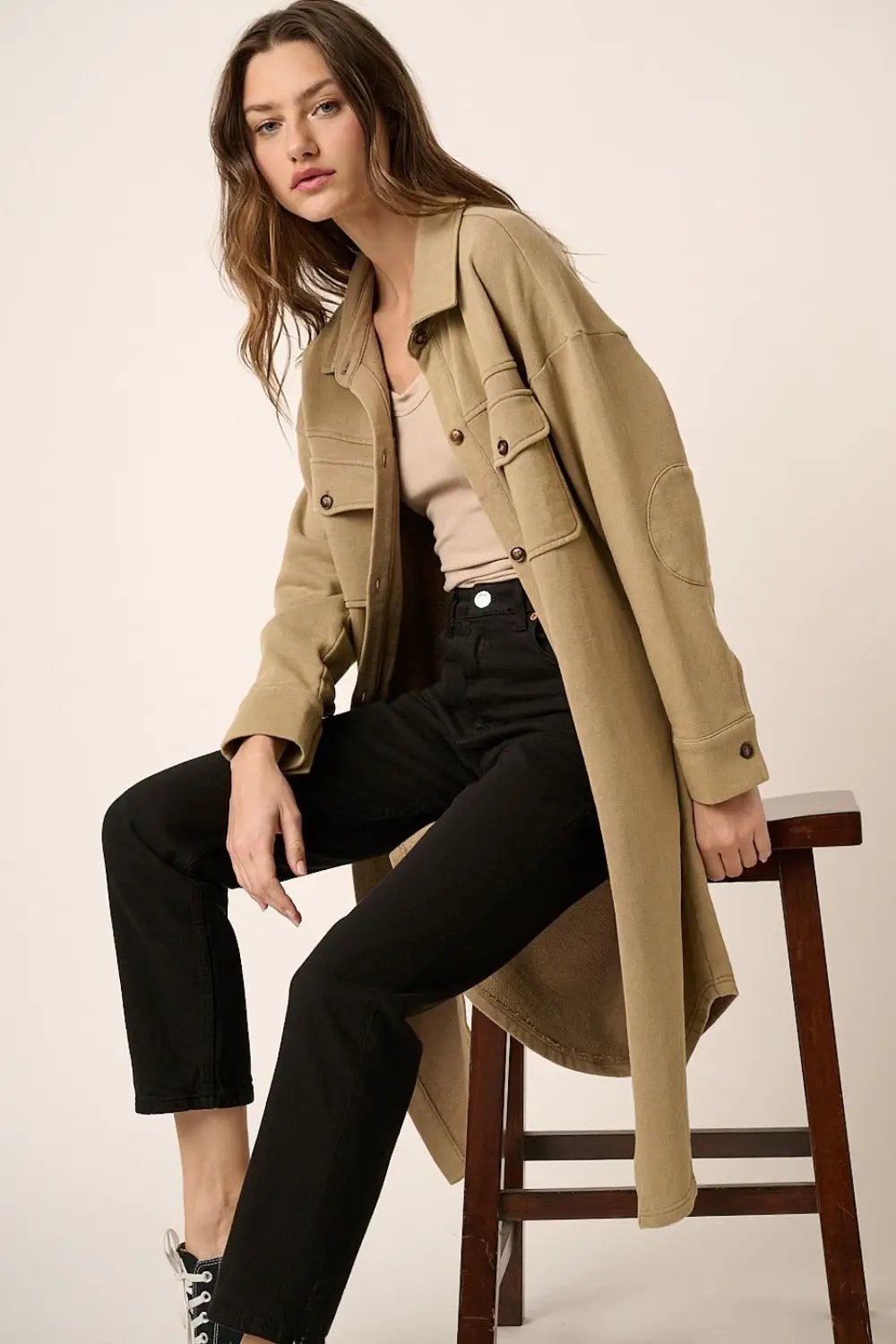 Mittoshop Mineral Wash French Terry Elbow Patch Shacket