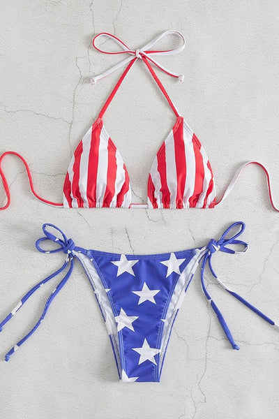 Flag Print Patriotic Triangle Cheeky 2Pc Sexy Swimsuit Bikini - AMIClubwear