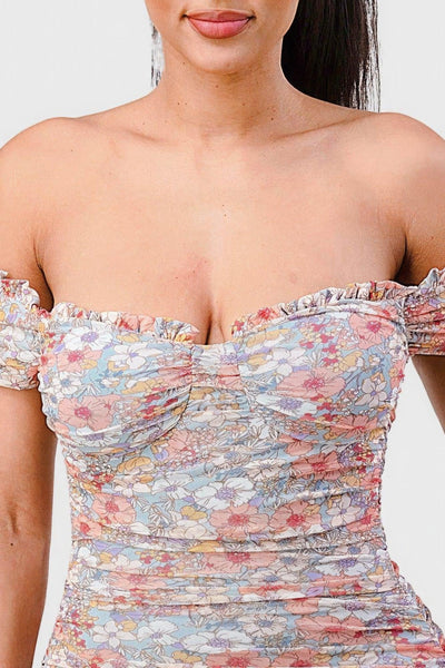 Floral Print Mesh Sweetheart Ruffled Off Shoulder Ruched Mini Dress - AMIClubwear