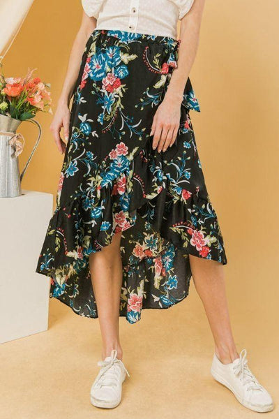 Floral Ruffle Skirt With Trim High Low. - AMIClubwear