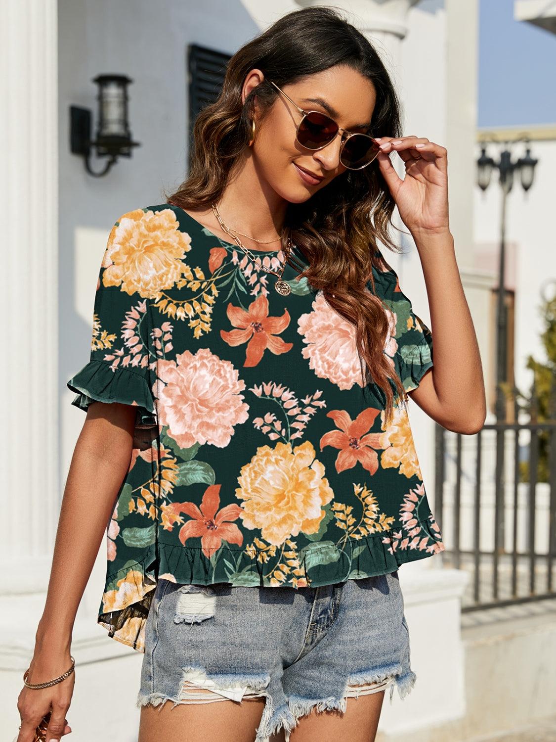 Floral Ruffled Short Sleeve Blouse - AMIClubwear