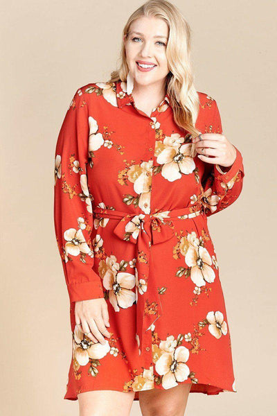 Floral Woven Button-down Collared Shirt Dress - AMIClubwear