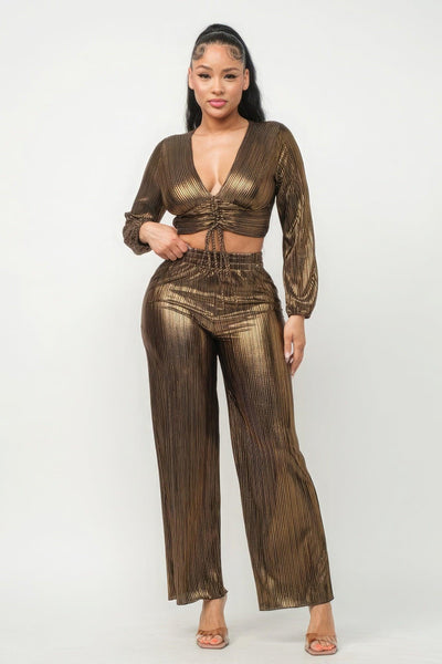 Foil Plisse Tunnel Shirring Top And Pants Set - AMIClubwear