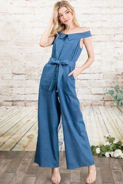 Fold-over Collar Detailed Button Down Off-shoulder Chambray Denim Wide Leg Palazzo Jumpsuit With Waist Tie - AMIClubwear