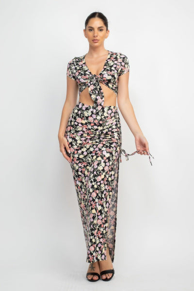 Front Knot Floral Top & Ruched Maxi Skirts Set - AMIClubwear