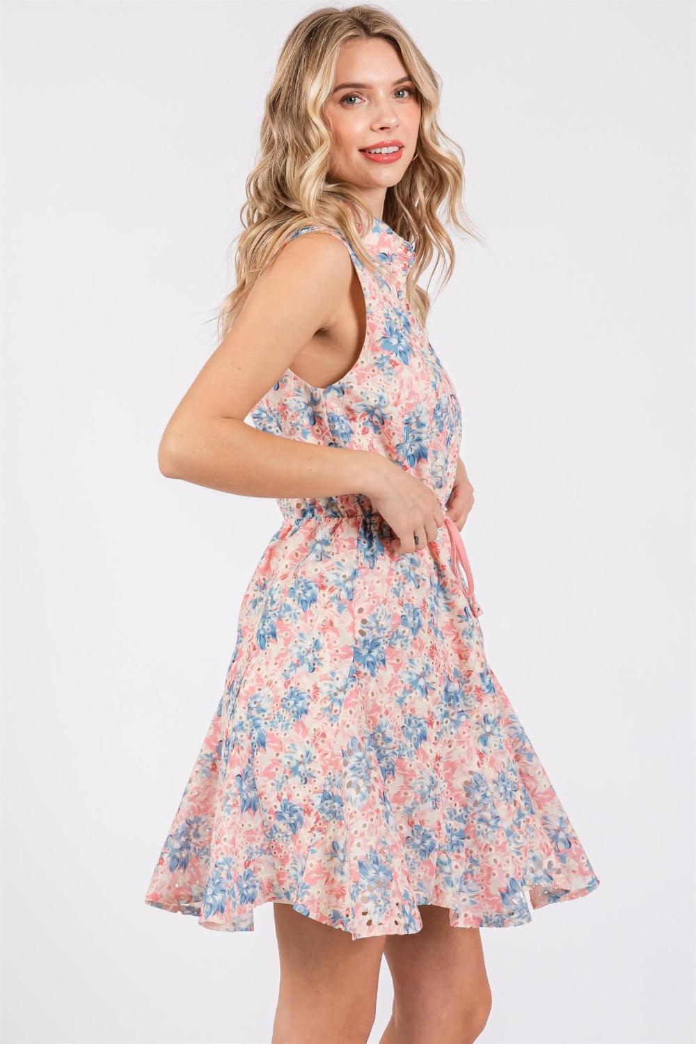 GeeGee Full Size Floral Eyelet Sleeveless Mini Dress - AMIClubwear
