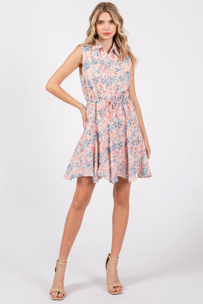 GeeGee Full Size Floral Eyelet Sleeveless Mini Dress - AMIClubwear