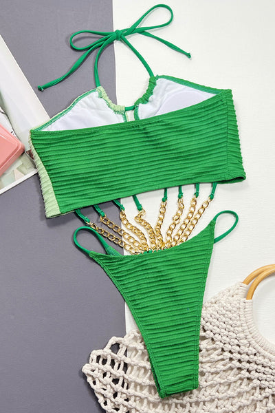 Green Color Block Gold Chain Strappy Cheeky 1pc Swimsuit Monokini - AMIClubwear