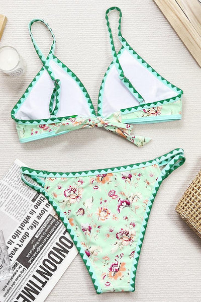Green Floral Strappy High Waist Cheeky 2Pc Sexy Swimsuit - AMIClubwear