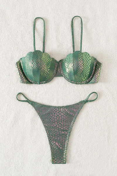 Green Holographic Snake Wired Shell Bra Thong Sexy 2Pc Swimsuit Bikini - AMIClubwear