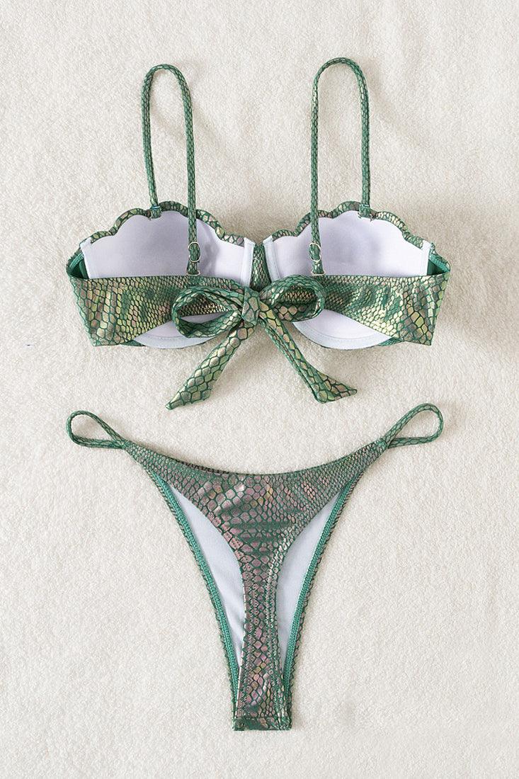Green Holographic Snake Wired Shell Bra Thong Sexy 2Pc Swimsuit Bikini - AMIClubwear