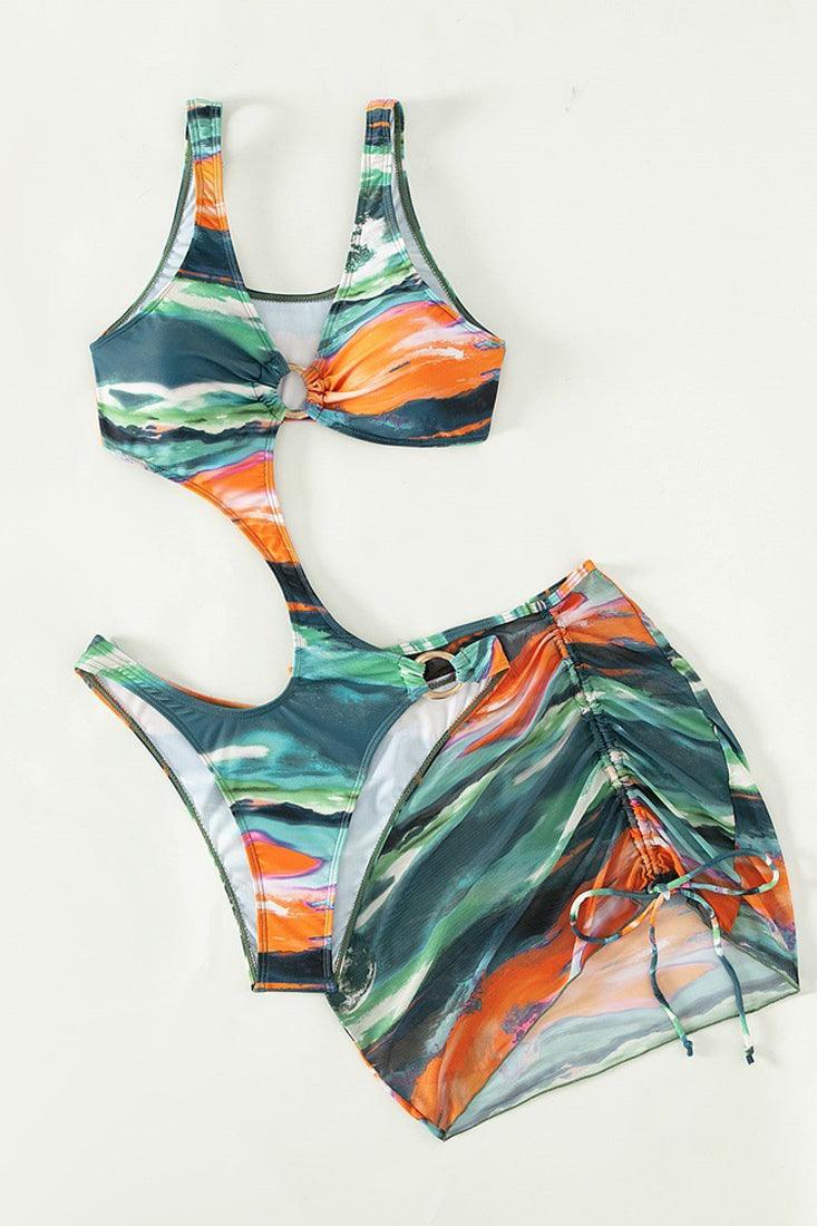 Green Multi Printed Monokini Cover-Up Sexy 2Pc Swimsuit Set - AMIClubwear