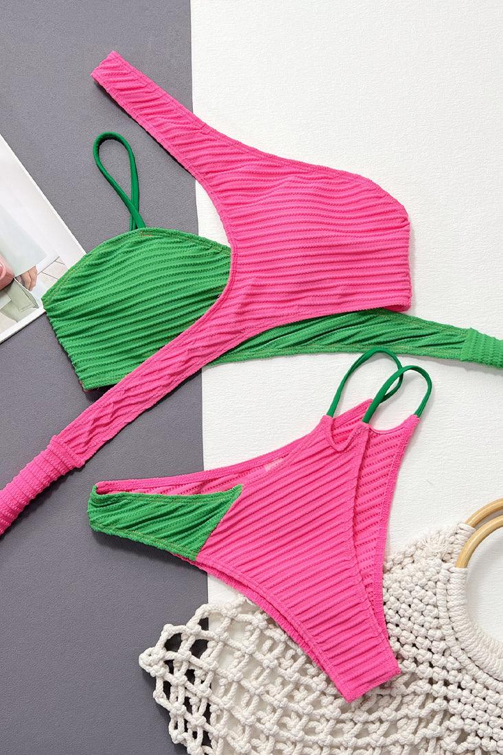 Green Pink Color Block Textured Strappy Tie Cheeky 2Pc Swimsuit Set - AMIClubwear