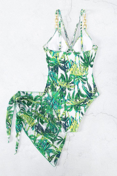 Green Printed Rhinestone Gold Chain Monokini Cover-Up 2Pc Swimsuit Set - AMIClubwear