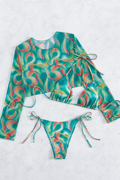 Green Swirl Printed Triangle Cheeky Mesh Cover-Up 3Pc Swimsuit Set - AMIClubwear