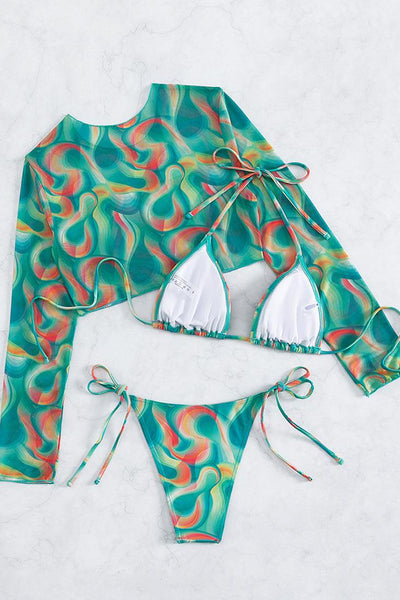Green Swirl Printed Triangle Cheeky Mesh Cover-Up 3Pc Swimsuit Set - AMIClubwear