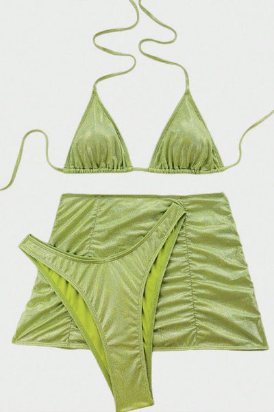 Green Tinker Holographic Triangle Cheeky Cover-Up 3Pc Swimsuit Set - AMIClubwear