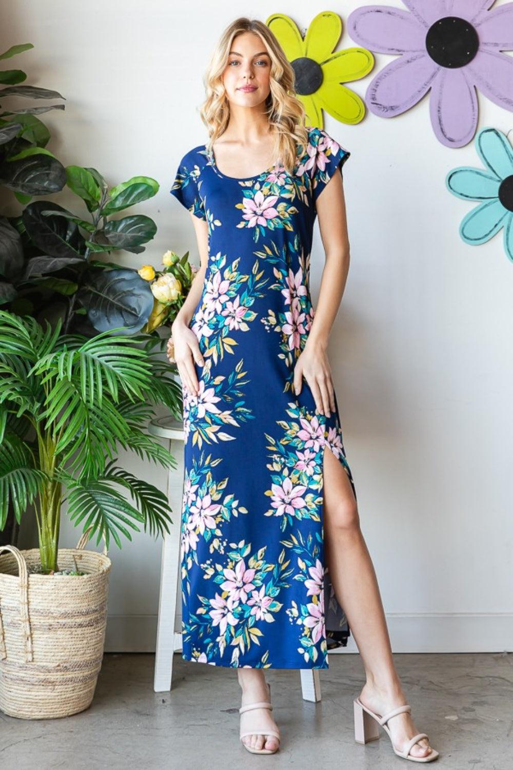 Heimish Full Size Floral Short Sleeve Slit Dress - AMIClubwear