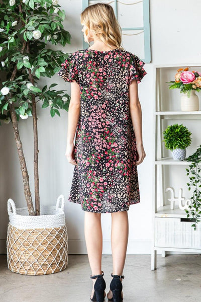 Heimish Full Size Printed Ruffled Short Sleeve Dress with Pockets - AMIClubwear