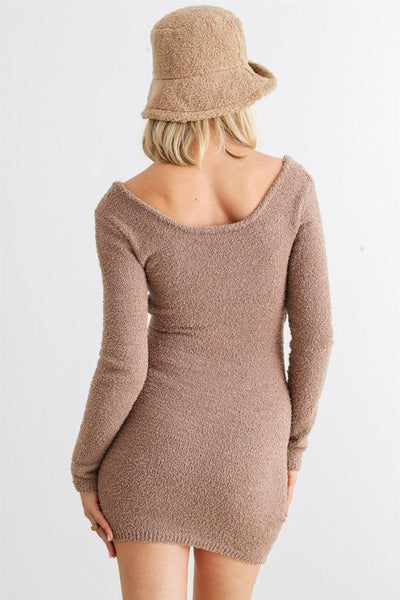 HERA COLLECTION Fluffy Bow Cut-Out Detail Long Sleeve Mini Dress - AMIClubwear