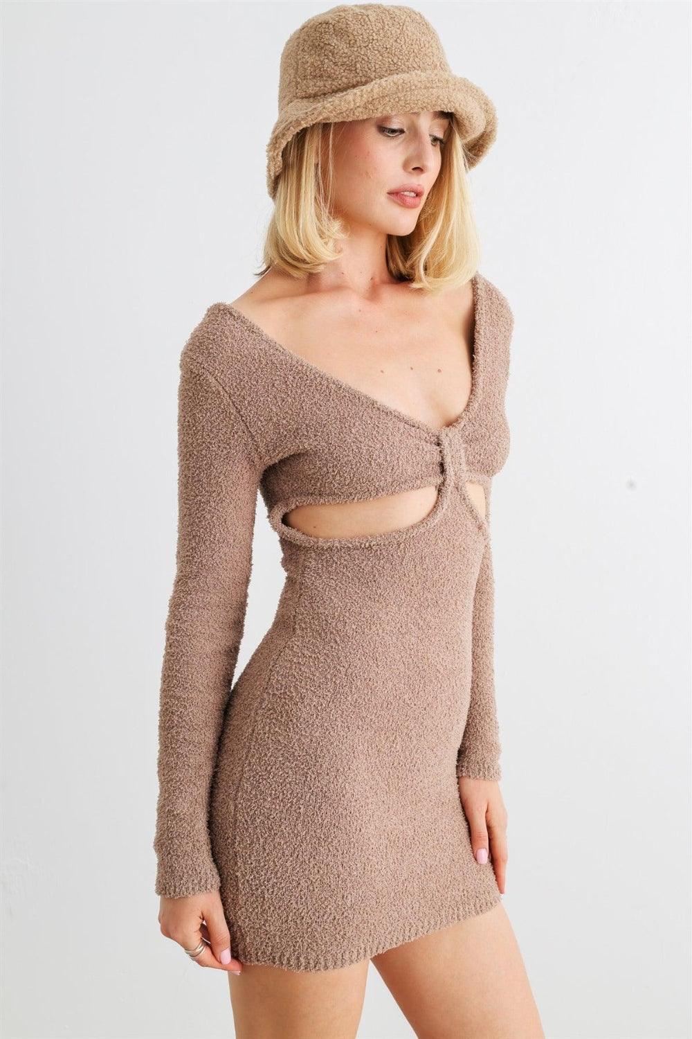 HERA COLLECTION Fluffy Bow Cut-Out Detail Long Sleeve Mini Dress - AMIClubwear