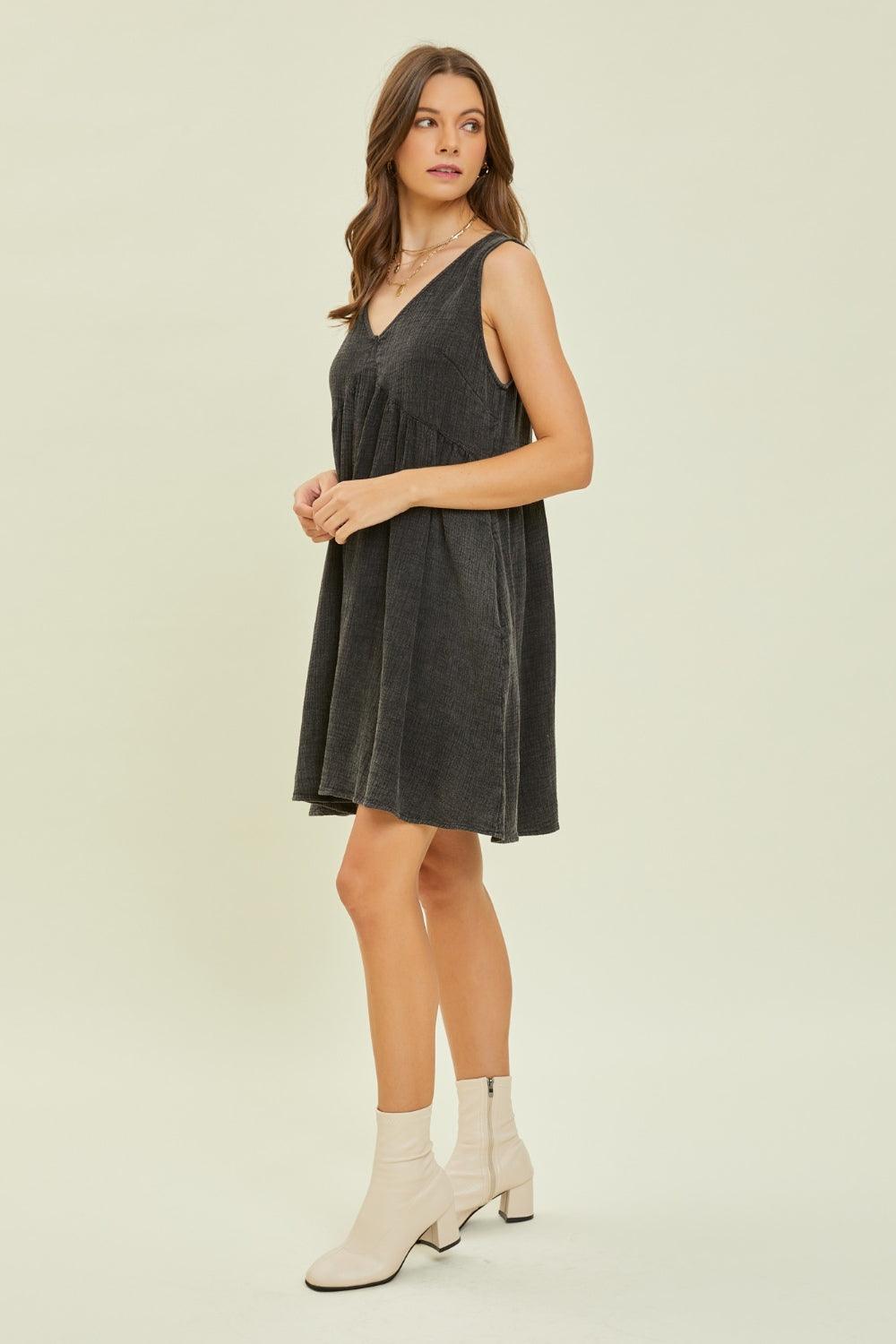HEYSON Full Size Texture V-Neck Sleeveless Flare Mini Dress - AMIClubwear