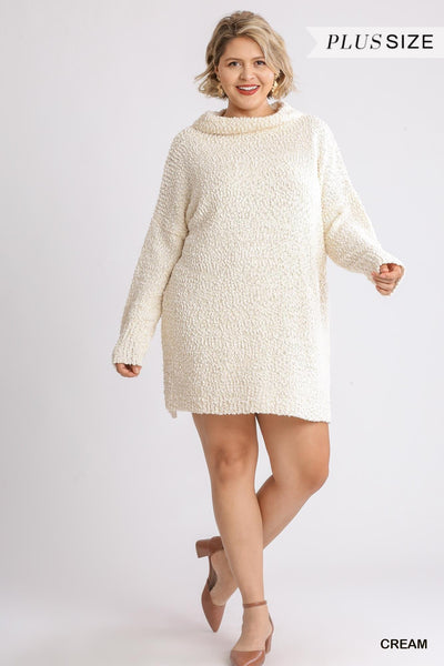 High Cowl Neck Bouclé Long Sleeve Sweater Dress - AMIClubwear
