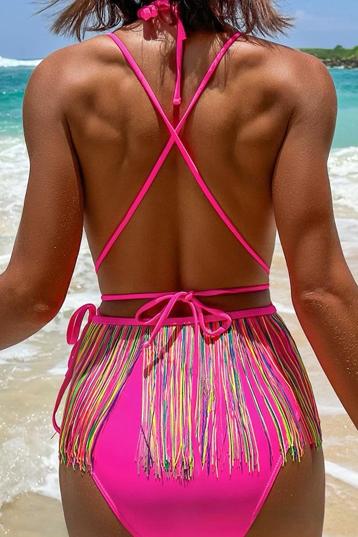 Hot Pink Multi Rainbow Fringe Plunging V Strappy 2Pc Swimsuit Set Monokini - AMIClubwear