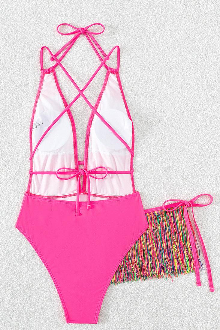 Hot Pink Multi Rainbow Fringe Plunging V Strappy 2Pc Swimsuit Set Monokini - AMIClubwear