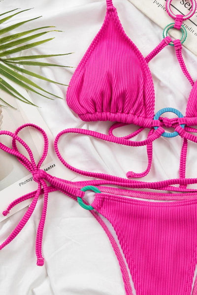 Hot Pink Multi Rings Strappy Cheeky 2 Pc Swimsuit Set Bikini - AMIClubwear