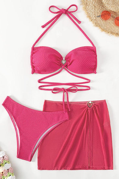 Hot Pink Pearl Heart Ring Bandeau Halter Cover-Up 3Pc Swimsuit Set - AMIClubwear